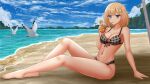  1girl animal bangs bare_arms bare_legs bare_shoulders barefoot bendy_straw bikini bird black_bikini blonde_hair blue_eyes blue_sky blush breasts cleavage closed_mouth cloud cloudy_sky collarbone commentary commission cup day drinking_straw front-tie_bikini_top front-tie_top hair_ornament highres holding holding_cup hololive hololive_english kazenokaze looking_at_viewer medium_breasts navel outdoors palm_tree plaid plaid_bikini sky smile solo swimsuit tree virtual_youtuber water watson_amelia 