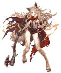  1girl animal_ear_fluff animal_ears blonde_hair bracelet claws cloak earrings frills full_body fur gun hair_over_one_eye hair_ribbon jewelry ji_no long_hair official_art orange_eyes red_riding_hood_(sinoalice) ribbon rifle sinoalice solo spiked_bracelet spikes tail tongue tongue_out torn_cloak torn_clothes transparent_background weapon wolf_ears wolf_girl wolf_tail 