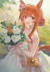  1girl animal_ears artist_logo bangs bare_shoulders bouquet bow carrying choker collarbone dress dress_bow flower gloves hair_flower hair_ornament highres holding holding_bouquet horse_ears horse_girl horse_tail long_hair looking_at_viewer mayano_top_gun_(sunlight_bouquet)_(umamusume) mayano_top_gun_(umamusume) open_mouth orange_eyes orange_hair smile solo strapless strapless_dress tail tsuiru umamusume white_dress white_gloves 