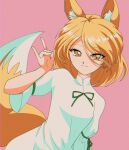  1girl animal_ears blonde_hair breasts brown_eyes closed_mouth commentary_request dutch_angle fox_ears fox_girl fox_shadow_puppet fox_tail green_ribbon hanadi_detazo highres kudamaki_tsukasa light_brown_hair looking_at_viewer mandarin_collar medium_hair pink_background ribbon romper short_sleeves simple_background small_breasts solo tail touhou white_romper 