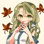  1girl bare_shoulders blush_stickers breasts brown_background closed_mouth detached_wings frog_hair_ornament green_eyes green_hair hair_between_eyes hair_ornament hair_tubes kochiya_sanae leaf leaf_background long_hair looking_at_viewer nako7575ko own_hands_together shirt simple_background small_breasts snake_hair_ornament solo steepled_fingers touhou upper_body white_shirt wings 