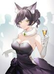  1girl absurdres animal_ear_fluff animal_ears bangs bare_shoulders black_dress black_hair breasts cleavage closed_mouth cup dress drinking_glass fox_ears fox_girl fox_tail fur_choker gloves green_eyes hair_bun hand_up highres holding holding_cup large_breasts long_hair meridian_project seki_(vtuber) short_hair silhouette smile solo strapless strapless_dress tail tobunchudoku upper_body virtual_youtuber white_gloves 