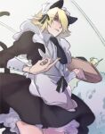  1boy alternate_costume animal_ears ascot black_ascot black_dress black_ribbon cat_ears cat_tail dress enmaided geli_(clam) hair_over_one_eye highres holding holding_tray maid male_focus middle_finger ribbon short_hair solo standing tail tray wolfsmund 