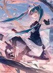  1girl aircraft airplane aqua_eyes aqua_hair bangs black_dress black_gloves black_pantyhose blue_sky book cloud copyright copyright_name dress drone elbow_gloves frilled_dress frills gears gloves hair_between_eyes hatsune_miku long_hair looking_at_viewer microscope official_art pantyhose pill sky sleeveless sleeveless_dress solo sousou_(sousouworks) test_tube twintails very_long_hair vocaloid 