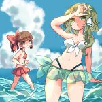  2girls arm_up bare_shoulders bikini blue_sky bow breasts brown_eyes brown_hair cloud cloudy_sky day feet_out_of_frame frilled_hair_tubes frills frog_hair_ornament green_eyes green_hair green_nails hair_bow hair_ornament hair_tubes hakurei_reimu highres kochiya_sanae looking_at_another medium_hair multiple_girls nail_polish nako7575ko outdoors partially_submerged ponytail red_bikini red_bow sky small_breasts sweatdrop swimsuit touhou water 