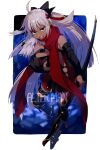  aged_down ahoge bangs black_bow black_sleeves border bow brown_eyes carrying closed_eyes commentary_request dark_skin detached_sleeves echo_(circa) english_text fate/grand_order fate_(series) hair_between_eyes hair_bow holding holding_sword holding_weapon katana long_hair looking_at_viewer okita_souji_(fate) okita_souji_alter_(fate) open_mouth outside_border ponytail red_scarf rengoku_(fate) scarf sheath sheathed short_hair straight_hair sword teeth twitter_username upper_teeth very_long_hair weapon white_border white_hair 