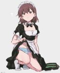  1girl ? absurdres alternate_costume apron blue_panties breasts brown_eyes brown_hair clothes_lift collarbone dated enmaided full_body grey_background hair_between_eyes highres lifted_by_self looking_at_viewer maid maid_headdress medium_hair misaka_mikoto no_shoes open_mouth panties short_sleeves simple_background skirt skirt_lift small_breasts socks solo striped striped_panties takatisakana toaru_kagaku_no_railgun toaru_majutsu_no_index underwear waist_apron white_apron white_socks 