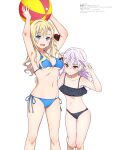 absurdres armpits arms_up ball bangs beach bikini black_bikini blonde_hair blue_bikini blue_eyes braid breasts closed_mouth collarbone frilled_bikini frills grey_hair hair_between_eyes hair_ribbon hand_on_another&#039;s_waist high_school_fleet highres long_hair mc_axis navel official_art open_mouth red_eyes ribbon scan side-tie_bikini_bottom sideboob sidelocks simple_background small_breasts smile standing stomach swimsuit thea_kreutzer underboob white_background wilhelmina_braunschweig_ingenohl_friedeburg 