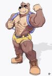  abs backpack banjo-kazooie banjo_(banjo-kazooie) bottomwear clothed clothing hi_res male mammal rareware shorts simple_background solo topless ursid video_games white_background wolfybuns 