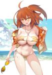  1girl ahoge bikini blush breasts cleavage collarbone commentary_request eyewear_removed fate/grand_order fate_(series) fujimaru_ritsuka_(female) fujimaru_ritsuka_(female)_(brilliant_summer) groin hawaiian_shirt huge_breasts koohii_koucha_maru navel open_clothes open_shirt orange_bikini orange_eyes orange_hair shirt side-tie_bikini_bottom side_ponytail solo striped striped_bikini sunglasses swimsuit 