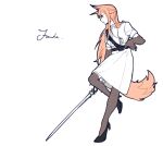  1girl animal_ears arknights black_footwear black_thighhighs brown_hair character_name elbow_gloves fox_ears fox_girl fox_tail franka_(arknights) gloves high_heels highres holding holding_sword holding_weapon id_card lanyard long_hair shirt simple_background skirt solo standing standing_on_one_leg sword tail thighhighs weapon white_background white_gloves white_shirt white_skirt xiao_lu 