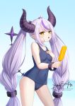  1girl ass_visible_through_thighs blue_one-piece_swimsuit breasts covered_navel demon_girl demon_horns food hand_on_own_chest highres hololive horns la+_darknesss long_hair multicolored_hair open_mouth pointy_ears popsicle purple_hair school_swimsuit skyrail small_breasts solo streaked_hair swimsuit thighs very_long_hair virtual_youtuber yellow_eyes 