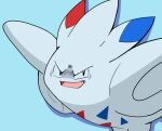  black_eyes blue_background creature evil_smile highres looking_at_viewer no_humans open_mouth pokemon pokemon_(creature) rei_(esprei96) smile solo togekiss tongue wings 