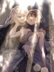  2girls absurdres bangs black_bow black_bowtie black_cape black_jacket blue_eyes blurry blurry_background bow bowtie breasts brown_hair cape cleavage closed_mouth dress finellen girls&#039;_frontline girls&#039;_frontline_neural_cloud grey_hair highres hug hug_from_behind jacket long_hair looking_at_another looking_at_viewer masked mdr_(girls&#039;_frontline) medium_breasts multicolored_clothes multicolored_dress multicolored_hair multiple_girls nanaka_(girls&#039;_frontline_nc) open_mouth parted_lips purple_eyes shirt standing streaked_hair teeth upper_teeth white_shirt 