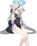  1girl animal_ears bare_legs black_bow black_dress black_hair blue_archive bow breasts brown_eyes covered_navel deatheach detached_sleeves dress grey_hair hair_between_eyes hair_bow halo highres kokona_(blue_archive) long_hair looking_at_viewer multicolored_hair simple_background sitting sleeveless sleeveless_dress small_breasts solo streaked_hair very_long_hair white_background 