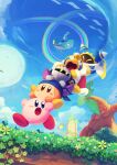  absurdres armor bandana bandana_waddle_dee blush_stickers carrying cloak creature grass highres king_dedede kirby kirby&#039;s_return_to_dream_land kirby_(series) looking_at_another lor_starcutter magolor mask meta_knight moon no_humans open_mouth pauldrons piggyback rainbow shoulder_armor sky suyasuyabi tree 