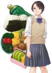  1girl bento black_hair blue_bow bow brown_eyes brown_sweater_vest cherry_tomato egg_(food) food food_request fruit green_tea kiwi_(fruit) kiwi_slice looking_at_viewer onigiri original otsu_natsu parted_lips plaid plaid_skirt school_uniform short_hair skirt solo standing sweater_vest tea tomato uniform white_background 