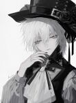  1boy 81kaia ascot bishounen black_flower black_nails black_rose black_shirt closed_mouth flower greyscale hat hat_flower highres long_sleeves looking_at_viewer male_focus monochrome nail_polish original rose shirt short_hair solo top_hat white_ascot white_background white_eyes white_hair 