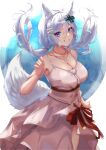  1girl animal_ear_fluff animal_ears bangs bare_shoulders belt blue_eyes breasts brown_belt camisole cleavage collarbone d-pad d-pad_hair_ornament floating_hair fox_ears fox_girl fox_tail grin hair_between_eyes hair_ornament hairclip highres jewelry large_breasts long_hair looking_at_viewer ltsum meridian_project mizuki_(vtuber) necklace official_alternate_costume pink_camisole pink_skirt skirt skirt_set smile solo spaghetti_strap tail virtual_youtuber white_hair 