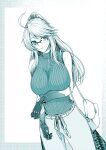  1girl ahoge alma_armas an&#039;no_natsume bag breasts cyborg dutch_angle glasses greyscale handbag highres large_breasts mechanical_hands monochrome over-rim_eyewear ponytail ribbed_sweater semi-rimless_eyewear sleeveless sleeveless_turtleneck solo sweater turtleneck va-11_hall-a 