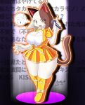  2022 anthro aozora_(tasogare_aozora) big_breasts bodily_fluids boots bow_tie breasts brown_body brown_fur calico_cat cleavage clothed clothing curvy_figure domestic_cat dress felid feline felis female footwear fur hi_res high_heeled_boots high_heels holding_microphone holding_object idol japanese_text kemono looking_at_viewer mammal microphone mottled odd_taxi open_mouth open_smile orange_eyes piebald shadow shiho_ichimura_(odd_taxi) smile solo spotlight sweat text text_background thought_bubble translation_request whiskers white_body white_fur 