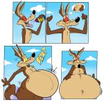  2021 anthro belly big_belly bloated blue_sky bottle brown_body brown_fur canid canine canis cloud cloudscape comic coyote drinking eyes_closed fangs fist fur half-closed_eyes hand_on_stomach hi_res inner_ear_fluff looking_down looking_down_at_self looking_down_at_stomach looney_tunes male mammal motion_lines narrowed_eyes nude obese obese_anthro obese_male open_mouth overweight overweight_anthro overweight_male raised_arms raised_tail remmyfox sky smile solo sound_effects spread_arms standing text thought_bubble tongue tongue_out tuft warner_brothers weight_gain wide_eyed wile_e._coyote yellow_eyes 