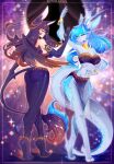  2022 anthro black_hair blue_hair breasts clothed clothing digital_media_(artwork) dragon duo feathered_wings feathers female fur furred_dragon hair hi_res koveliana smile standing white_body white_fur wings 