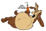  2022 absurd_res acme anthro bedroom_eyes belly big_belly bottle canid canine canis coyote fur half-closed_eyes hand_on_face hi_res inner_ear_fluff looking_at_viewer looney_tunes lying male mammal narrowed_eyes nude obese obese_anthro obese_male on_side overweight overweight_anthro overweight_male pack_street pose presenting presenting_belly promotion raised_tail remmyfox seductive smile smiling_at_viewer solo text tuft warner_brothers wile_e._coyote yellow_eyes 