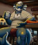  5_fingers alikar anthro asian_mythology beard blue_body blue_scales blue_tail body_hair canid canine canis chest_hair clothed clothing digital_media_(artwork) dragon east_asian_mythology eastern_dragon facial_hair fingers food headgear headwear hi_res inviting jockstrap looking_at_viewer male mammal musclegut mythology pirate presenting scales scalie seductive smile solo tall_lizzard_(artist) tavern underwear wolf 