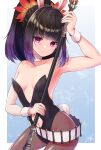  1girl animal_ears baton_(weapon) belt braid closed_mouth collarbone elbow_gloves fake_animal_ears flower gloves hair_flower hair_ornament highres ichijo_kazuya leotard looking_at_viewer mole mole_under_eye pantyhose playboy_bunny purple_eyes purple_hair purple_leotard rabbit_ears saimon_(tales) signature solo tales_of_(series) tales_of_zestiria weapon 