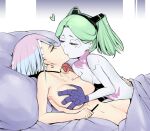  2girls bed bed_sheet blue_hair breast_grab breasts commentary cyberpunk_(series) cyberpunk_edgerunners english_commentary grabbing green_hair heart kiss large_breasts lucy_(cyberpunk) lying mechanical_arms multicolored_hair multiple_girls nipples nude on_back on_bed pale_skin pillow rebecca_(cyberpunk) short_hair small_breasts two-tone_hair yuri yuriwhale 