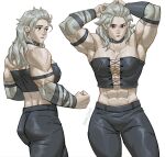  1girl abs armpits bicep_strap biceps black_eyes breasts cleavage collar cross-laced_cutout dorohedoro earrings highres jewelry large_breasts long_hair m4rjinn muscular muscular_female noi_(dorohedoro) pants solo thick_thighs thighs tight tight_pants white_background white_hair 