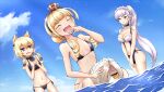  4girls absurdres axelsworks azur_lane beach belfast_(azur_lane) bikini black_bikini blonde_hair blue_sky braid breasts broken broken_chain carrying chain closed_eyes crown day french_braid hair_ears hair_over_one_eye highres large_breasts long_hair maid_headdress medium_breasts mini_crown multiple_girls navel ocean open_mouth outdoors ponytail purple_eyes queen_elizabeth_(azur_lane) sand sheffield_(azur_lane) sky small_breasts smile swimsuit warspite_(azur_lane) water white_hair yellow_eyes 