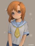  1girl bangs blue_eyes blue_sailor_collar blue_skirt closed_mouth grey_background higurashi_no_naku_koro_ni looking_at_viewer neckerchief orange_hair parted_bangs pleated_skirt ryuuguu_rena sailor_collar school_uniform serafuku shirt short_hair sidelocks signature skirt smile solo upper_body white_shirt yellow_neckerchief zoolpal 