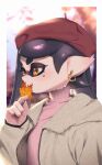  1girl absurdres alternate_costume beret black_hair callie_(splatoon) closed_mouth cross-shaped_pupils earrings fur_jacket hand_up hat heart heart_earrings highres holding holding_leaf jacket jewelry leaf long_hair long_sleeves maple_leaf mole mole_under_eye orange_eyes pointy_ears puchiman red_headwear smile solo splatoon_(series) tentacle_hair turtleneck white_jacket zipper 