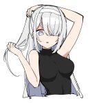  1girl alternate_costume arms_up bare_shoulders black_sweater breasts cropped_torso fuyutsuki_(kancolle) grey_eyes grey_hair hair_over_one_eye headband highres kantai_collection large_breasts long_hair looking_at_viewer sayuwan simple_background sleeveless solo sweater white_background white_headband 