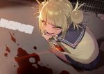  1girl bags_under_eyes bangs blonde_hair blood blood_on_weapon blood_splatter blue_sailor_collar blue_skirt blunt_bangs boku_no_hero_academia cardigan double_bun fangs hair_bun holding holding_knife kin_niku knife looking_at_viewer messy_hair narrowed_eyes pleated_skirt road sailor_collar school_uniform serafuku sidelocks skirt slit_pupils smile solo squatting toga_himiko weapon yellow_cardigan yellow_eyes 