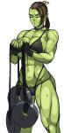  1girl abs arm_wrap blue_eyes breasts closed_eyes colored_skin green_skin large_breasts long_hair muscular muscular_female nisetanaka orc original pointy_ears ponytail shaved_head solo sweat tusks white_background 
