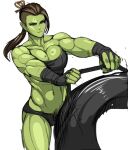  1girl abs arm_wrap blue_eyes breasts colored_skin exercise green_skin large_breasts long_hair muscular muscular_female nisetanaka orc original pointy_ears ponytail shaved_head solo sweat tusks weightlifting white_background 