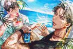  2boys artist_name beach black_eyes black_hair black_shirt brown_eyes can dante_(_dannnte_) dok-ja_kim drinking_straw eyewear_on_head feeding food hand_on_own_chin hat hawaiian_shirt highres holding holding_food joonghyuk_yoo korean_commentary lens_flare looking_at_another looking_at_viewer mouth_hold multiple_boys ocean omniscient_reader&#039;s_viewpoint parted_lips popsicle shaved_ice shirt short_hair short_sleeves straw_hat sun sunlight sweat 