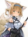  1girl animal_ear_fluff animal_ears arknights bangs bare_shoulders black_gloves blue_hairband blush braid breasts commentary_request flying_sweatdrops fox_ears fox_girl fox_tail gloves gradient gradient_background grey_background hair_between_eyes hair_rings hairband highres holding kitsune light_brown_hair looking_at_viewer multicolored_hair parted_lips purple_skirt shirt single_glove skirt small_breasts solo suzuran_(arknights) tail twin_braids two-tone_hair white_hair white_shirt yellow_eyes yuu_(yuukun_mk-ii) 