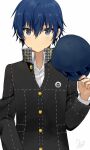  1girl blue_eyes blue_hair blush hat hat_removed headwear_removed persona persona_4 school_uniform shirogane_naoto short_hair solo tarachine 