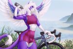  2022 anthro bulge clothed clothing day detailed_background digital_media_(artwork) domestic_cat feathered_wings feathers felid feline felis hybrid male mammal midriff outside p-v-s sky smile wings 
