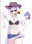  2girls ? ahoge bangs belt bikini black_bikini black_hair blue_bikini blue_choker blue_eyes breasts choker cleavage closed_mouth collared_shirt cowboy_hat denim denim_shorts earrings flower fu_hua hair_ornament hat highres honkai_(series) honkai_impact_3rd jacket jewelry kiana_kaslana kiana_kaslana_(herrscher_of_flamescion) long_hair looking_at_viewer multiple_girls navel necklace open_clothes open_jacket ponytail red_flower red_rose rose shirt shorts simple_background sleeves_past_elbows star_(symbol) sunglasses swimsuit white_background white_jacket yikuaiguapi46577 