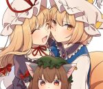  3girls animal_ear_fluff animal_ears blonde_hair blue_tabard brown_eyes brown_hair cat_ears chen closed_eyes commentary_request dress earrings fox_tail green_headwear happy hat jewelry long_sleeves medium_hair mob_cap multiple_girls neck_ribbon open_mouth purple_dress red_ribbon ribbon short_hair simple_background single_earring tail touhou unkmochi white_background white_dress white_headwear yakumo_ran yakumo_yukari yellow_eyes 