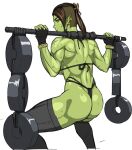  1girl abs arm_wrap blue_eyes bracelet breasts colored_skin earrings exercise green_skin jewelry large_breasts long_hair muscular muscular_female nisetanaka orc original pointy_ears ponytail scar shaved_head solo squatting sweat tusks weightlifting white_background 