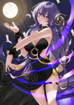  1girl absurdres alternate_costume black_dress black_nails breasts dress full_moon hair_ornament hievasp highres hololive hololive_indonesia large_breasts light_trail long_hair moon moona_hoshinova purple_eyes purple_hair strapless strapless_dress thigh_strap virtual_youtuber wrist_cuffs 