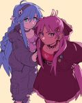  2girls :3 absurdres ahoge alternate_costume alternate_hairstyle blue_eyes blue_hair bunny_ears_prank cargo_pants collar crop_top green_eyes highres hiiragi_kagami izumi_konata jacket long_hair looking_at_viewer lucky_star mole mole_under_eye multiple_girls open_clothes open_jacket pants purple_hair skirt smile spiked_collar spikes very_long_hair woogleboy 