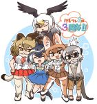  5girls animal_ears anniversary asihire bald_eagle_(kemono_friends) bird_girl bird_tail bird_wings blowhole cetacean_tail common_dolphin_(kemono_friends) dhole_(kemono_friends) dog_ears dog_girl dog_tail dolphin_girl dorsal_fin dress extra_ears fins fur_collar glasses highres kemono_friends kemono_friends_3 lion_(kemono_friends) lion_ears lion_tail meerkat_(kemono_friends) meerkat_ears meerkat_tail multiple_girls plaid_sleeves plaid_trim sailor_collar sailor_dress short_dress tail tail_fin thighhighs two-tone_sweater wings 