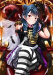  1girl absurdres angel_wings armchair bangs black_gloves black_headwear black_shirt blue_hair blunt_bangs blush chair commentary crossed_legs dark_blue_hair epaulettes falling_feathers fingerless_gloves foreshortening gloves grin hair_bun hair_over_shoulder hat highres long_hair looking_at_viewer love_live! love_live!_sunshine!! miniskirt momouninego outstretched_arm peaked_cap pink_eyes ringlets shirt single_side_bun sitting skirt smile solo striped striped_thighhighs tatehoko_tsubasa teeth thighhighs tilted_headwear tsushima_yoshiko two-tone_wings v-shaped_eyebrows v_over_eye w wings 